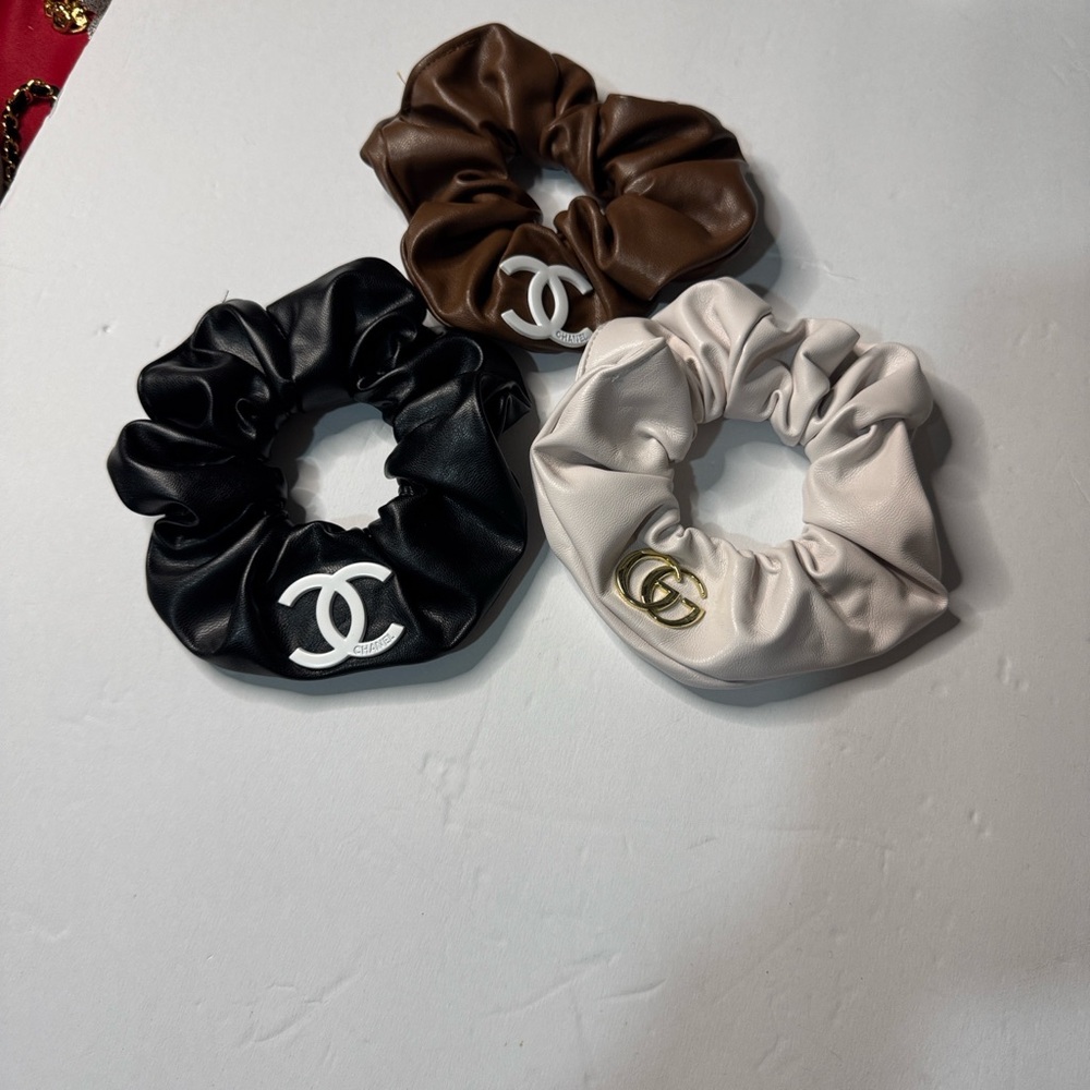 1x Elegant Leather Scrunchie - Black, Brown, and Cream